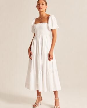 Abercrombie & Fitch Linen Blend Smocked White Midi Dress Tiered Puff Sleeve